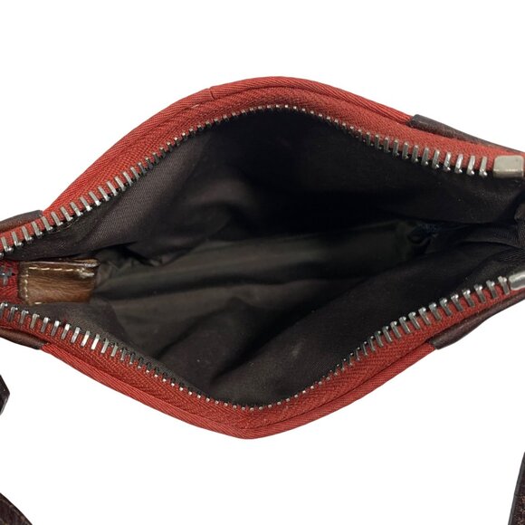 Dooney Bourke Red Nylon Brown Leather Wallet Handbag Wristlet DB Silver Logo - Picture 7 of 8